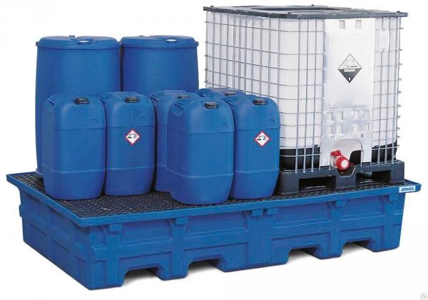 Сточный поддон DUO S объемом 1100 л с решеткой из полиэтилена под 2 еврокуба